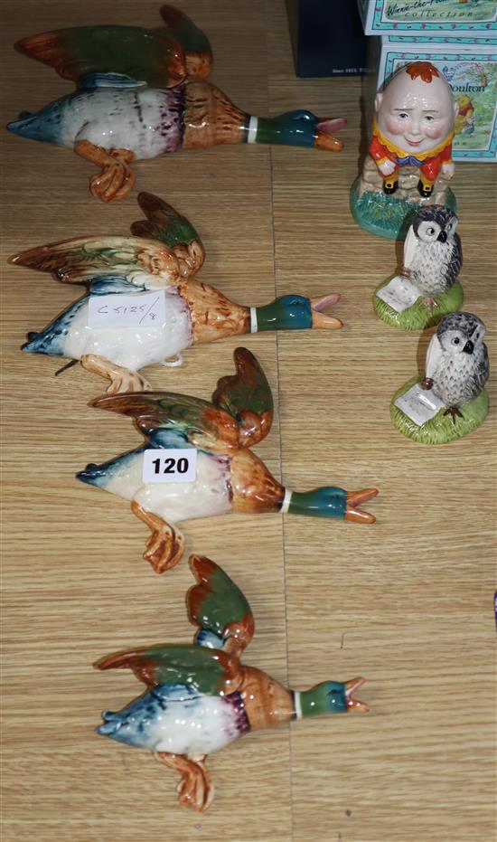 Two Royal Doulton Wol Signs The Resolution, No.1293 and 1654, a Royal Doulton Humpty Dumpty no.1452 and a set of Beswick flying ducks